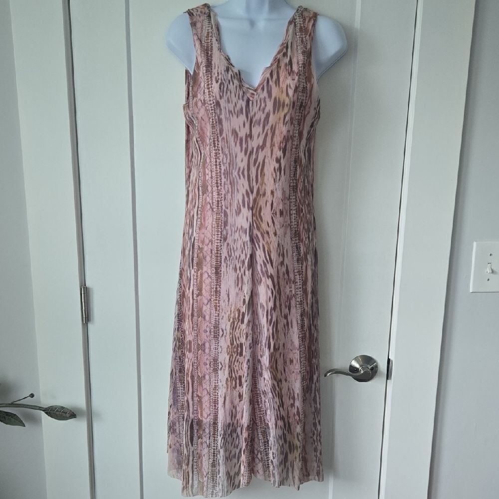 T Tahari Pink and Tan Animal Print Sleeveless Midi Dress V-Neck